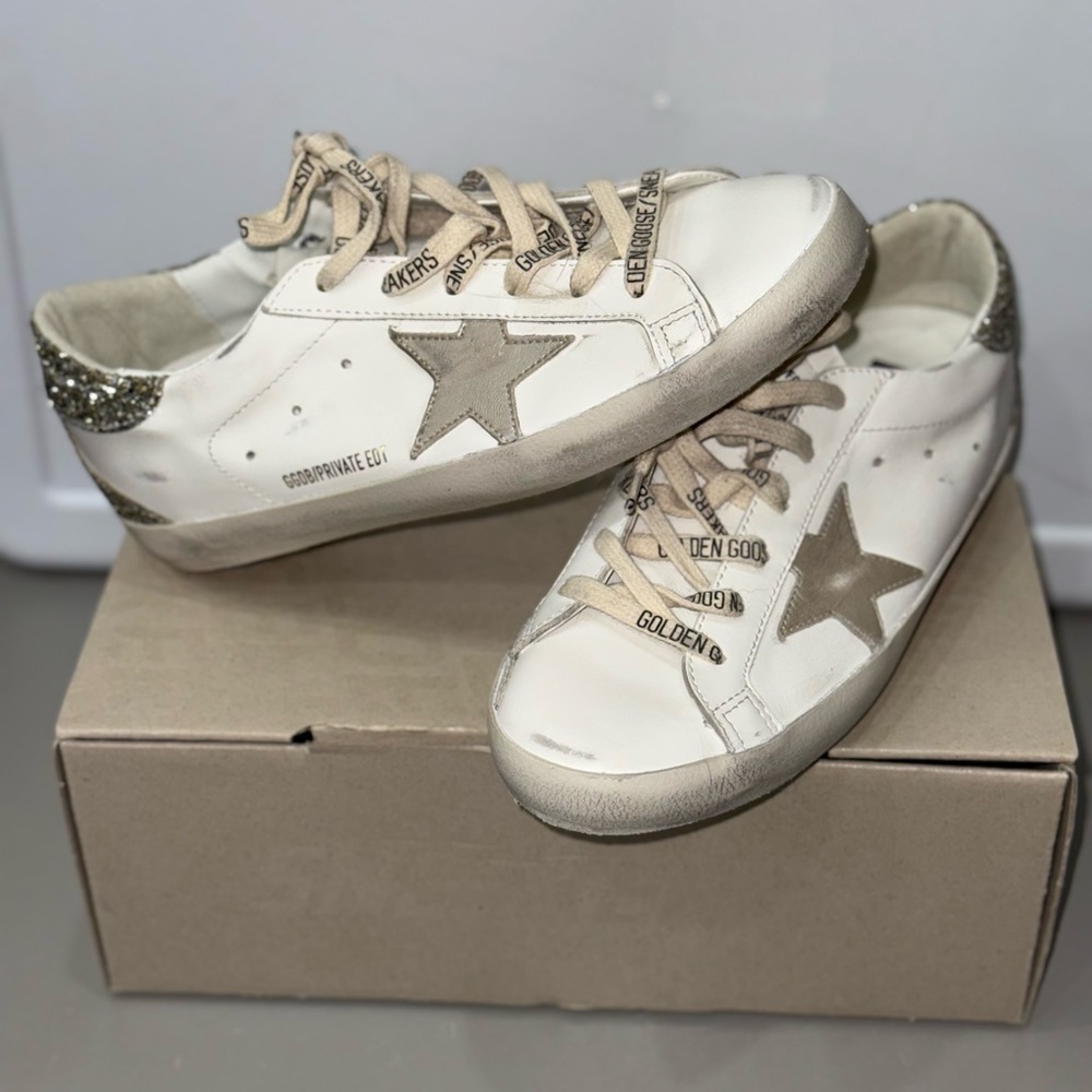 Golden Goose White and Gold Distressed Sneakers BRAND NEW